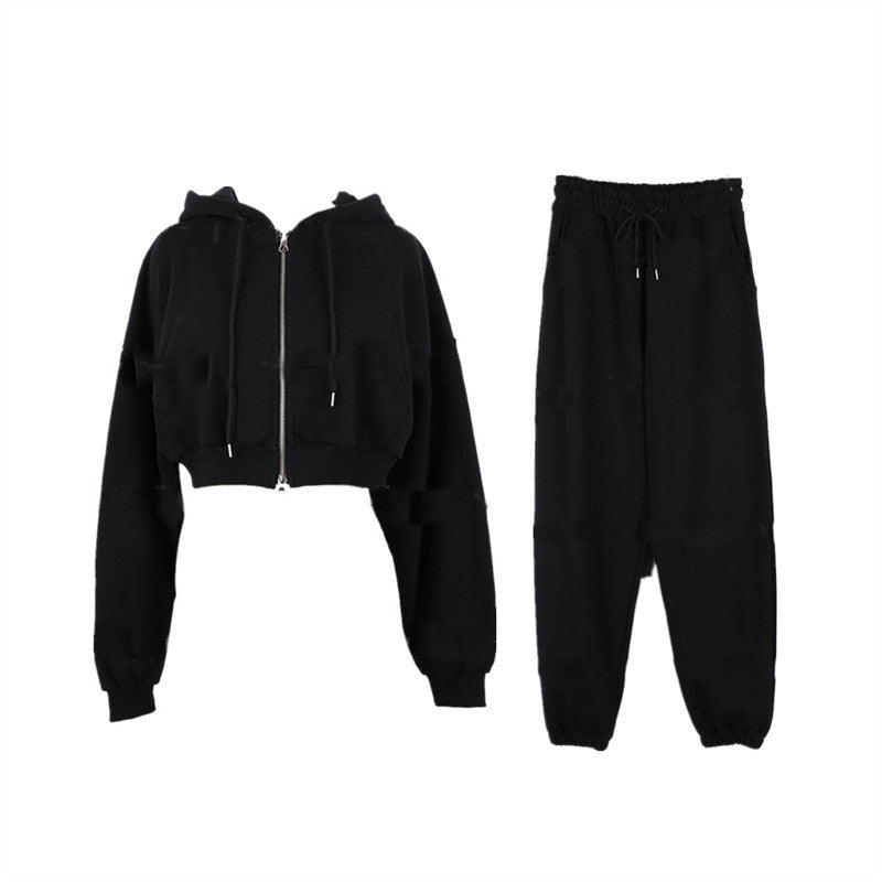 Damen Sportset Cropped Kapuzenjacke Jogginghose Grau Eveloria