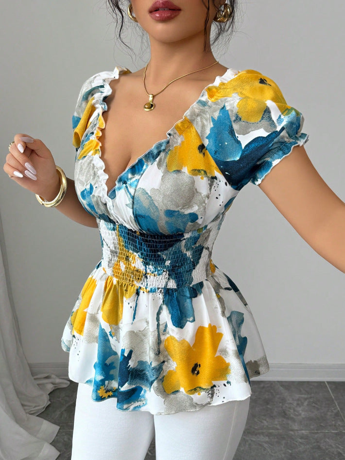 Damen Bluse Elastisch Floral Weiße Rüschen