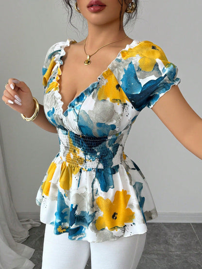 Damen Bluse Elastisch Floral Weiße Rüschen