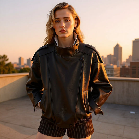Damen Kunstlederjacke Hochkragen mit Taschen Schwarz - Eveloria