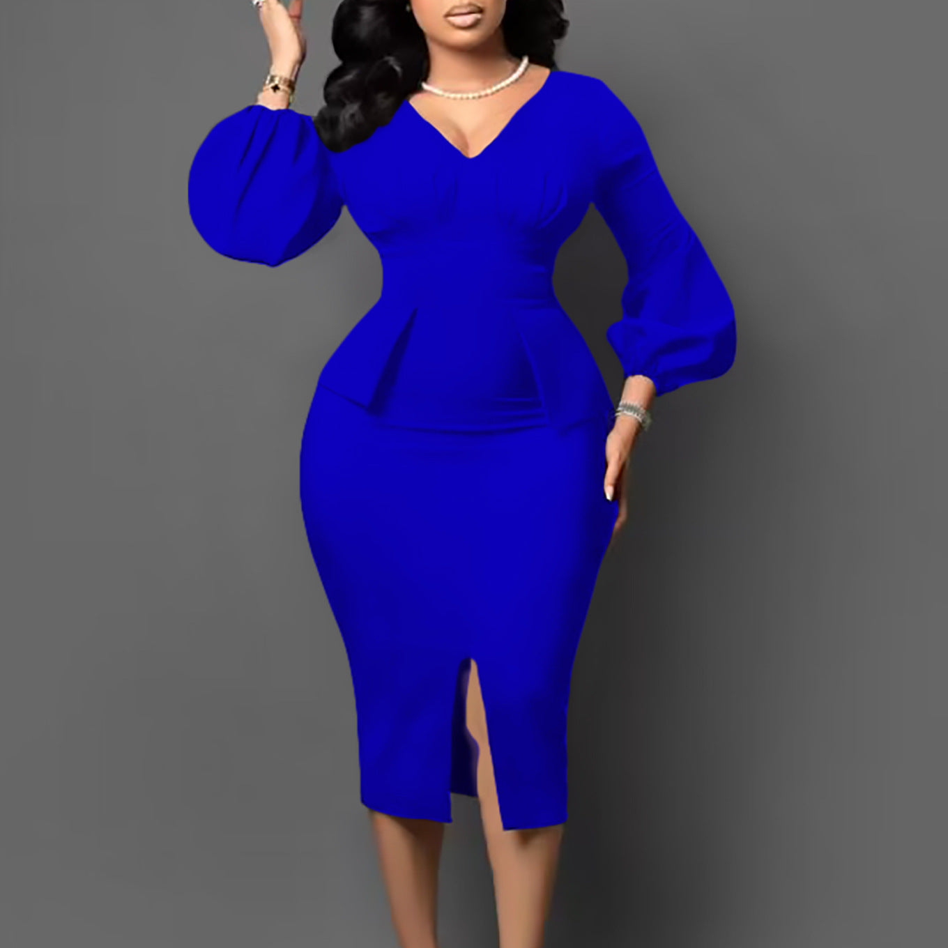 Damen Midi-Kleid Figurbetont Puffärmel Eveloria