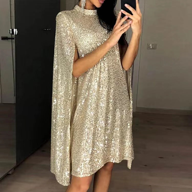 Damen Paillettenkleid mit Cape Ärmeln Schwarz Eveloria - Eveloria