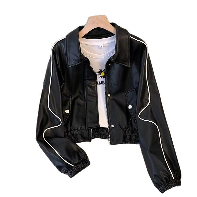 Damen Lederlook Kurzjacke Kontrastnähte