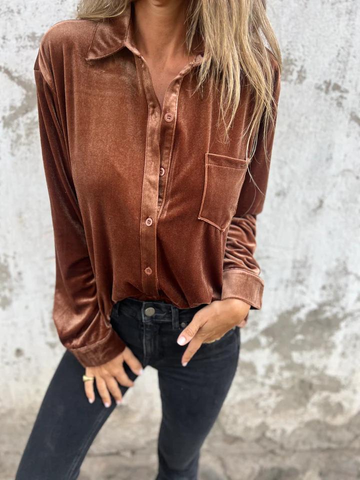 Damen Samtbluse Elegante Bluse Mit Brusttasche Eveloria