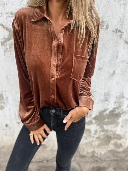 Damen Samtbluse Elegante Bluse Mit Brusttasche Eveloria