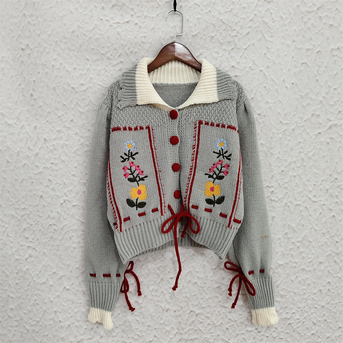 Damen Strickjacke Blumenstickerei Kordelzug