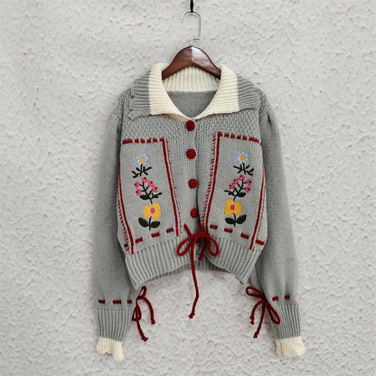 Damen Strickjacke Blumenstickerei Kordelzug