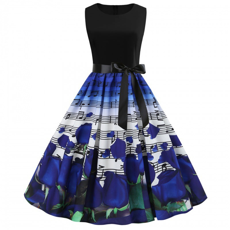 Damen Midi-Kleid Florales Rosendesign Mit Notenmuster
