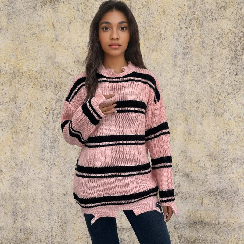 Damen Oversized Strickpullover Streifenmuster Fransen