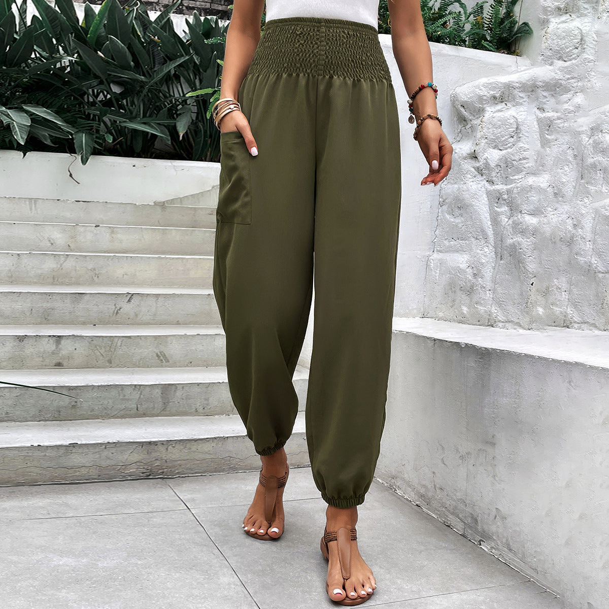 Damen Freizeithosen Elastischer Bund Praktische Seitentaschen Beige