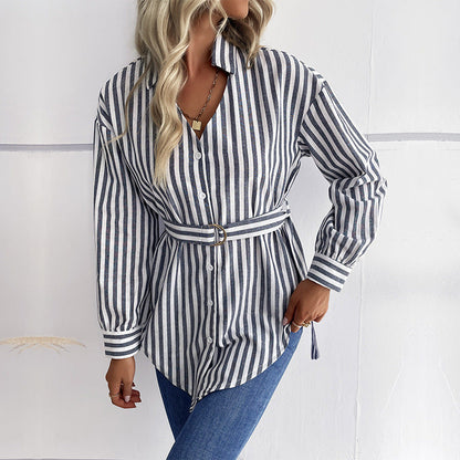 Damen Langarmbluse Tailliert Gürtel Bluse Eveloria