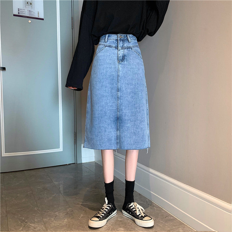 Damen Denimrock Midi unregelmäßiger Saum Blau Eveloria