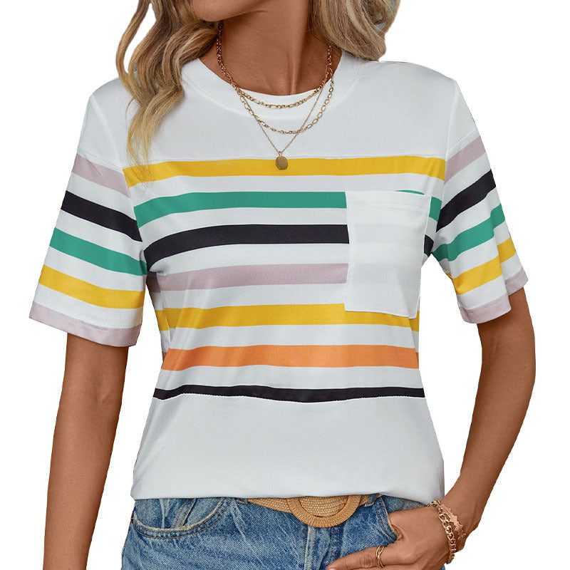 Damen T-Shirt Kurzarm Streifenmuster mit Brusttasche Bunt