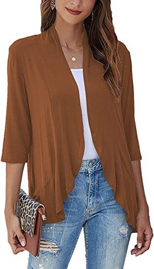 Eveloria Damen Strickjacke Einfarbig 7/8 Ärmel Rüschenrand