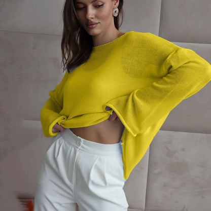 Damen Pullover Weite Ärmel Feines Lochstrickdesign Beige