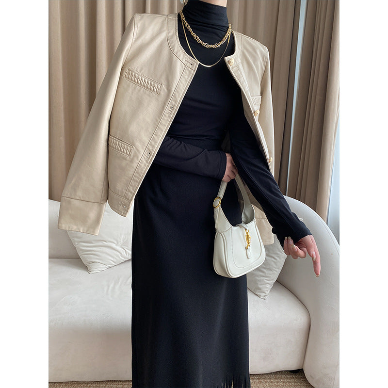 Damen Lederjacke Modern Dekorative Taschen Eleganter Schnitt