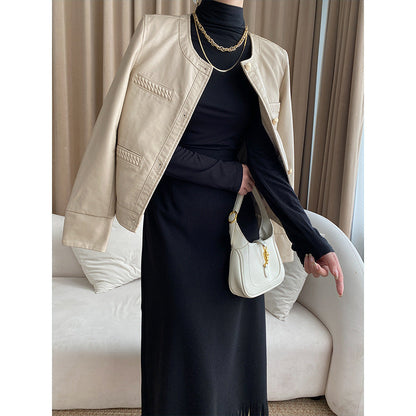 Damen Lederjacke Modern Dekorative Taschen Eleganter Schnitt