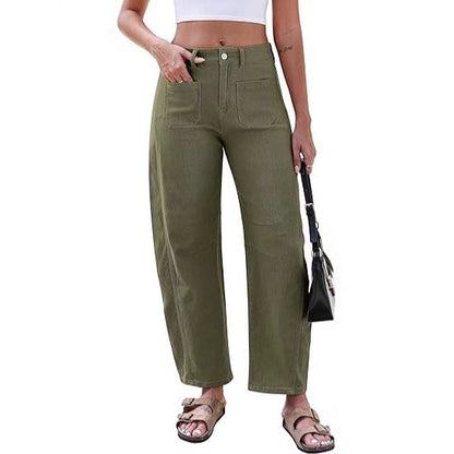 Damen Weite Jeans Hochtaillig Mit Taschen Blau Eveloria