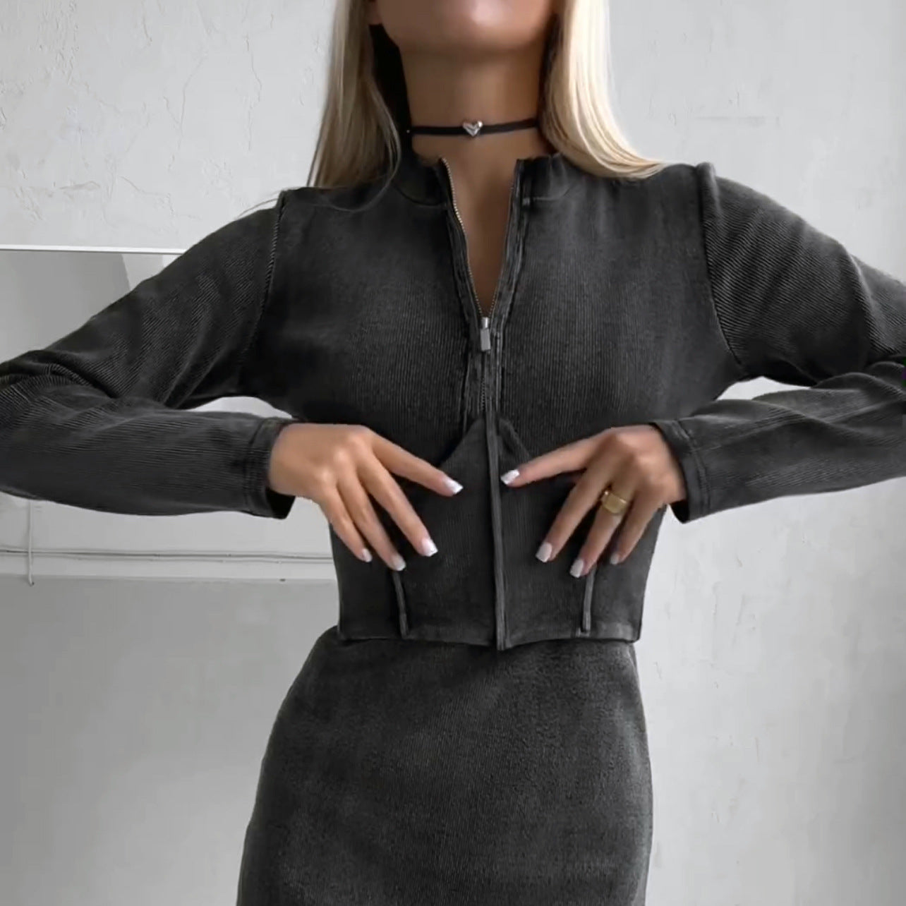 Damen Langarmkleid Reißverschluss Eveloria
