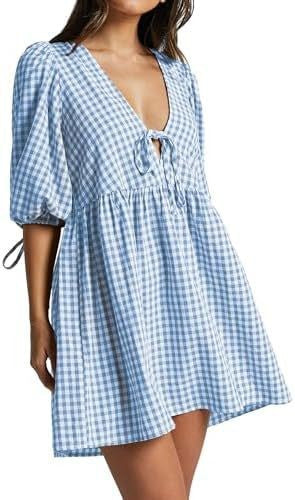 Damen Freizeitkleid V-Ausschnitt Puffärmel Eveloria
