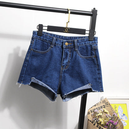 Damen Jeansshorts Hochbund Fransensaum Blau Eveloria