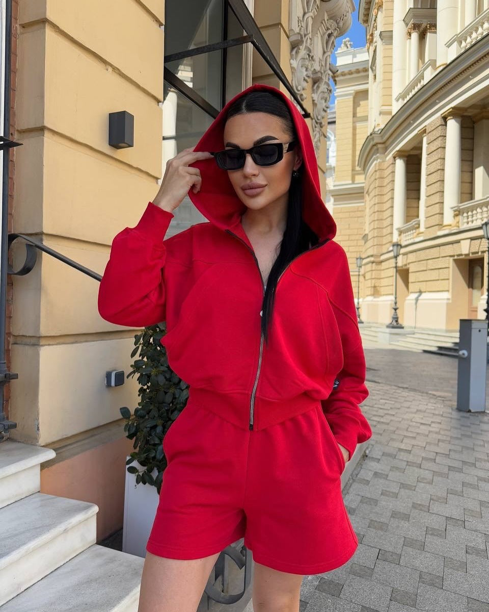 Damen Sportliches Zweiteiler-Set Kurzärmelige Jacke Lässige Shorts