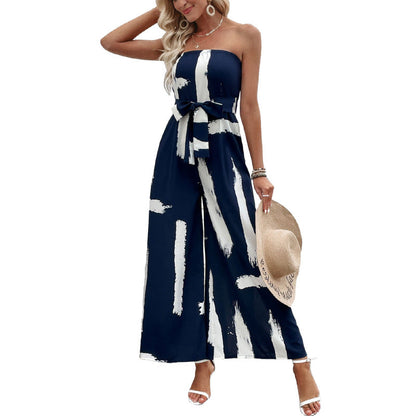 Damen Jumpsuit Schulterfrei Weites Bein Bindegürtel Eveloria