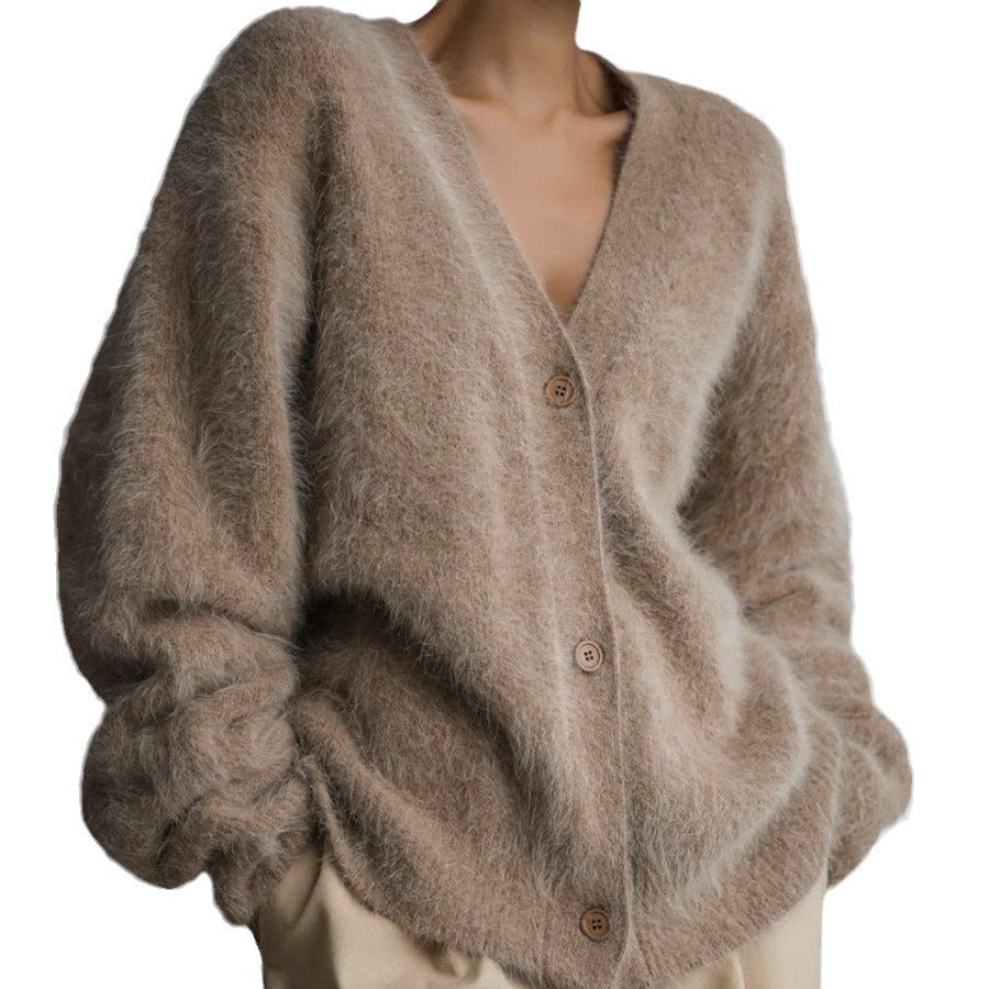 Damen Strickjacke V-Ausschnitt Knöpfe Flauschig Grau Eveloria