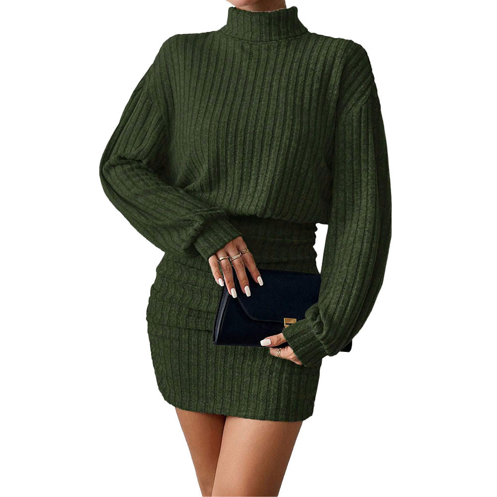 Damen Strickkleid Hochgeschlossener Kragen Rippmuster Elegant