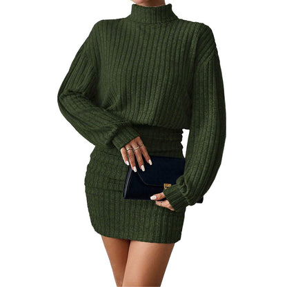 Damen Strickkleid Hochgeschlossener Kragen Rippmuster Elegant