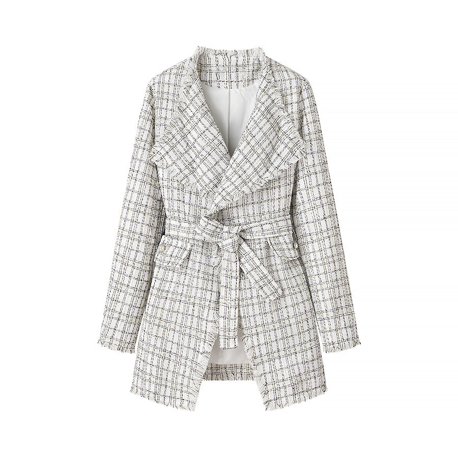 Damen Blazer mit Gürtel Strukturiertes Muster Schwarz Eveloria - Eveloria