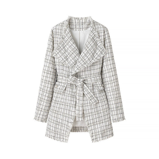 Damen Blazer mit Gürtel Strukturiertes Muster Schwarz Eveloria - Eveloria