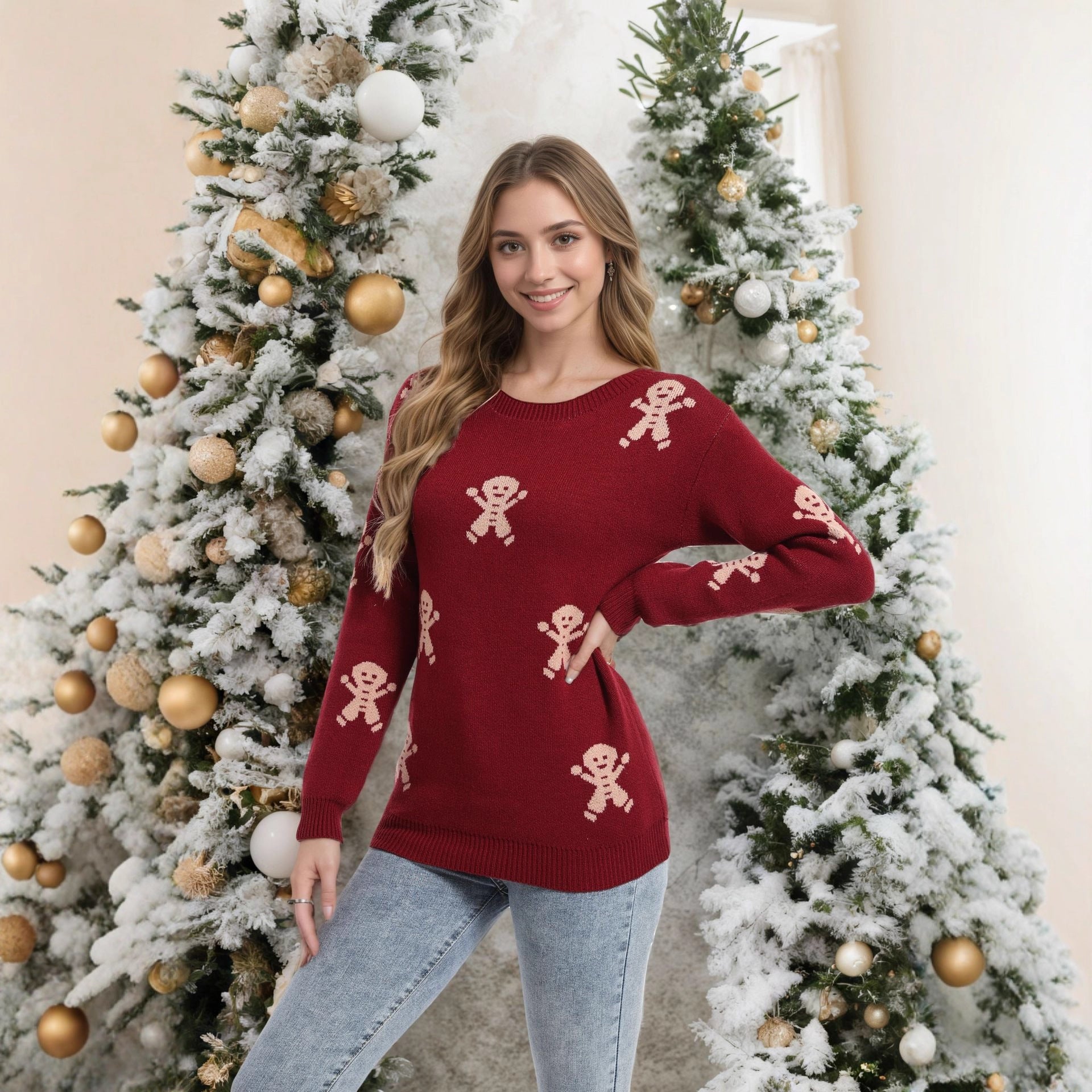 Damen Strickpullover Lebkuchenmotiv Weitschnitt Eveloria - Eveloria