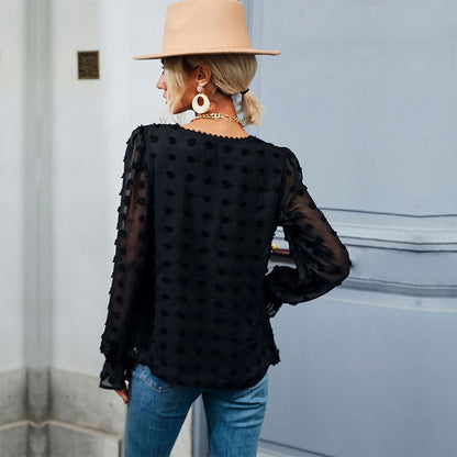 Damen Bluse Luftig Rüschendetails Punkte-Design Weiß Eveloria