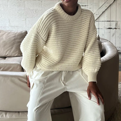 Damen Strickpullover Hohler Kragen Breite Rippbündchen Beige