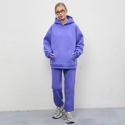 Damen Sweat-Set mit Kapuze Weites Cut Grau Eveloria