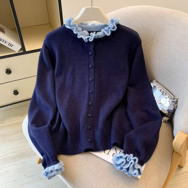 Damen Strickjacke Rüschenkragen Knöpfe Eveloria
