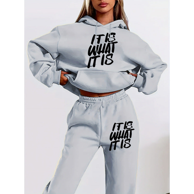 Damen Hoodie Jogginghose Set mit Schriftzug Grau