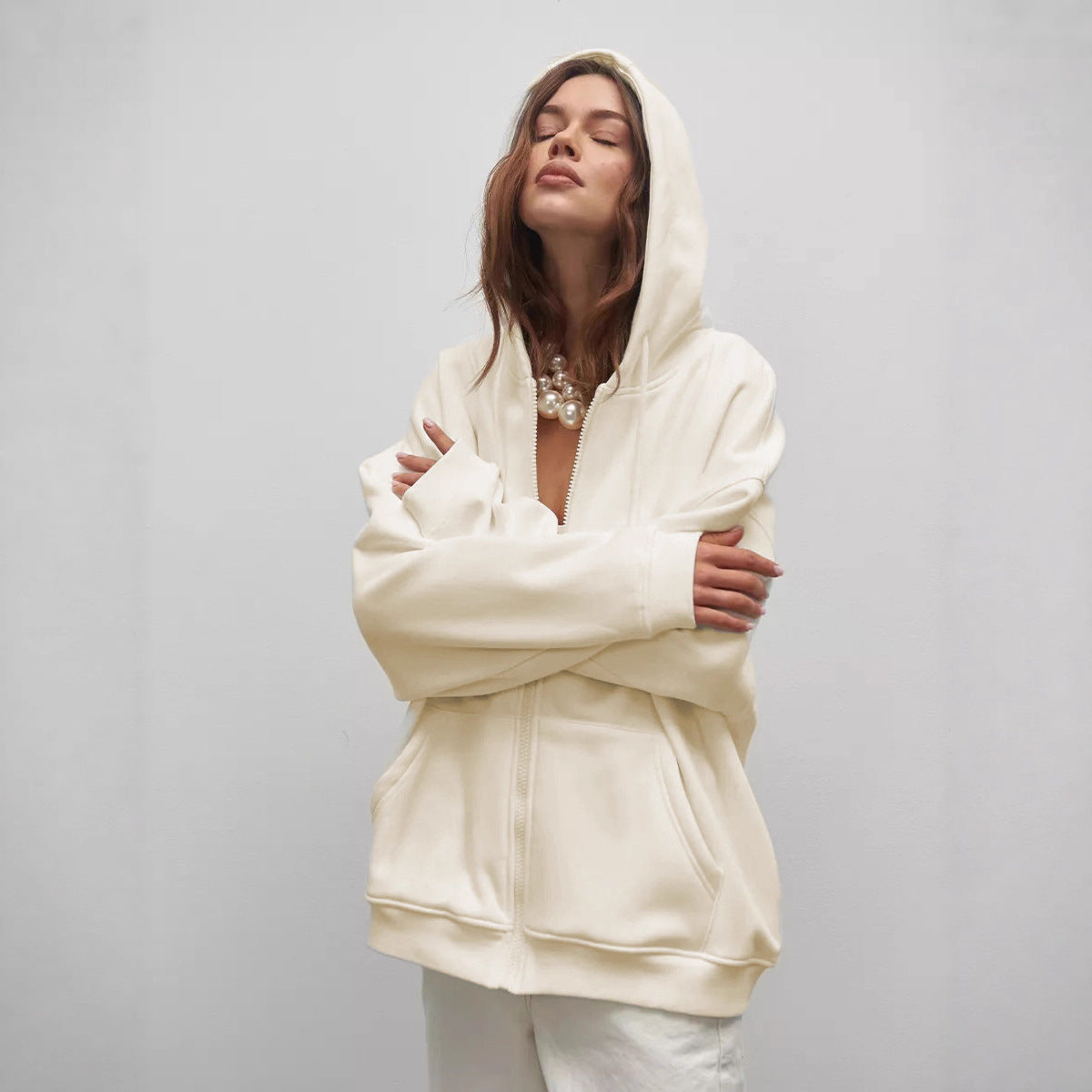 Damen Kapuzenpullover Weite Passform Baumwolle Beige - Eveloria