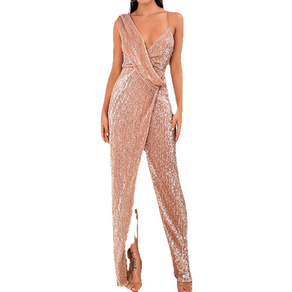 Damen Abendkleid Wickeloptik Hochschlitz Glitzer Effekt
