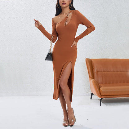 Eveloria Damen Langarmkleid Figurbetont Asymmetrisch Schwarz - Eveloria