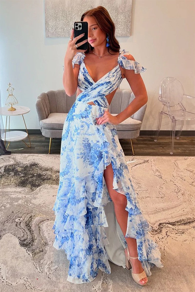 Damen Maxikleid Rüschen Floralmuster