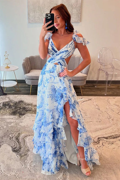 Damen Maxikleid Rüschen Floralmuster