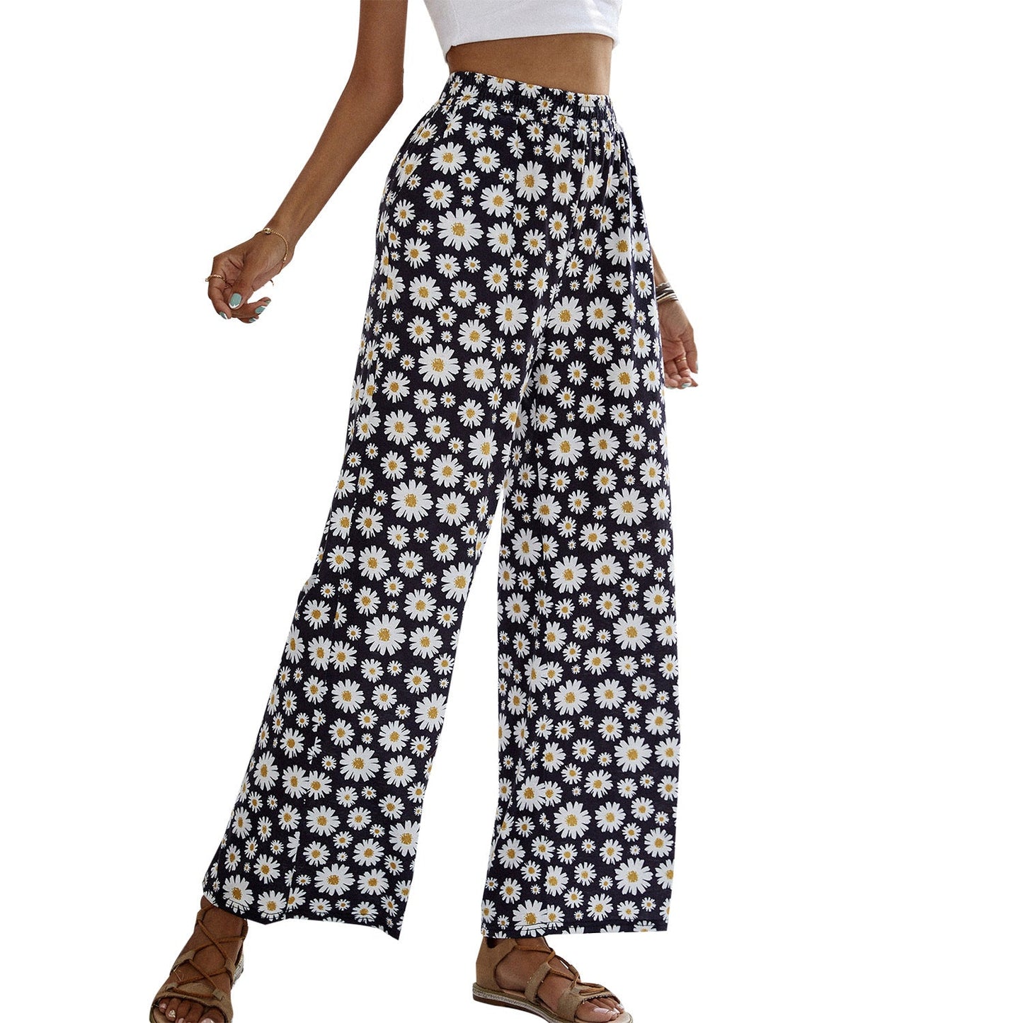 Damen Sommerhose Florales Design Elastischer Bund Beige