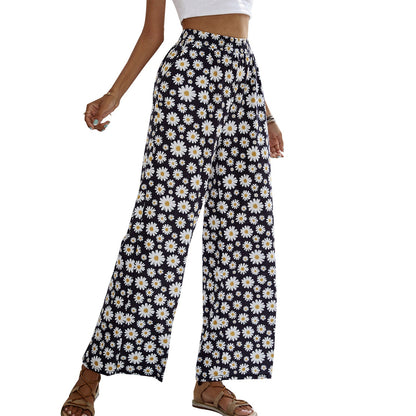 Damen Sommerhose Florales Design Elastischer Bund Beige