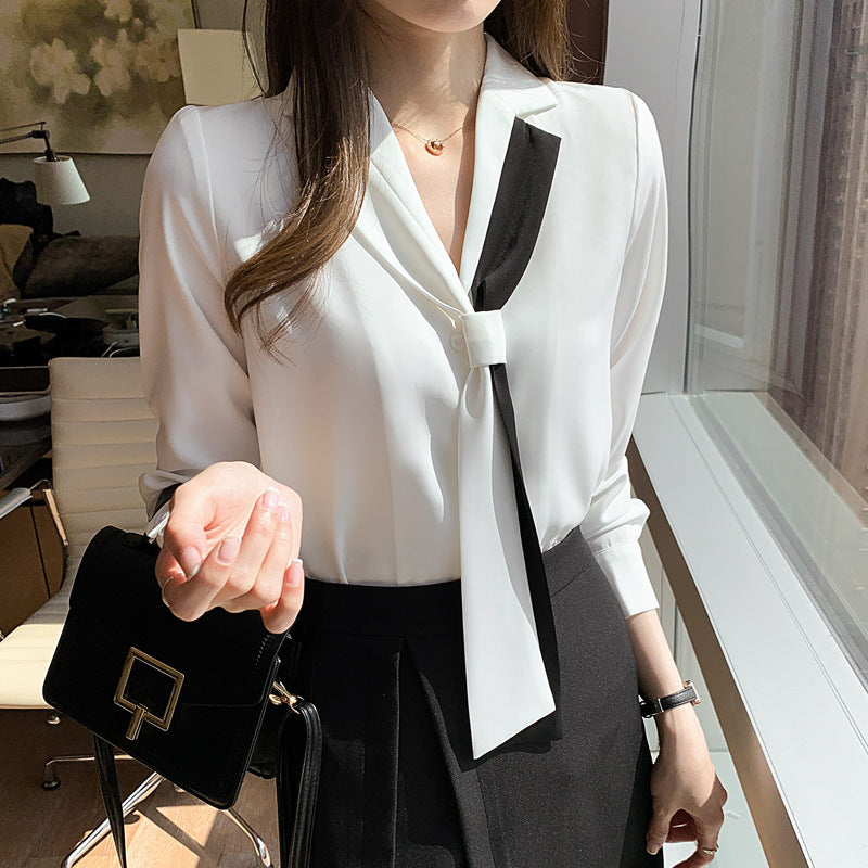 Damen Bluse mit Schleifenkragen und Kontrasten Eveloria - Eveloria