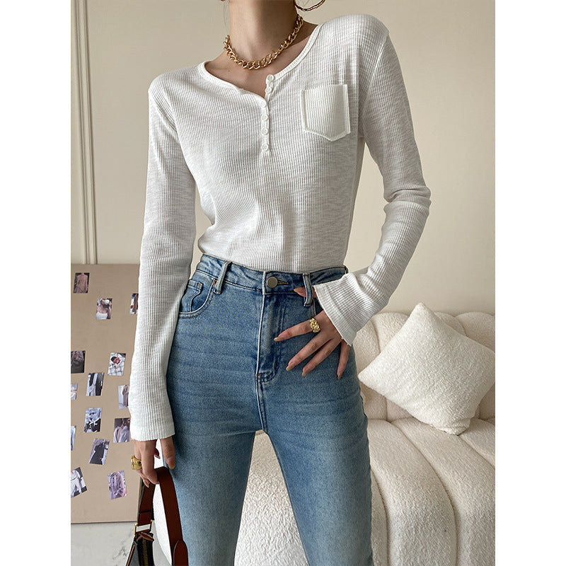 Damen Langärmeliges Henley-Shirt mit Knöpfen Blau