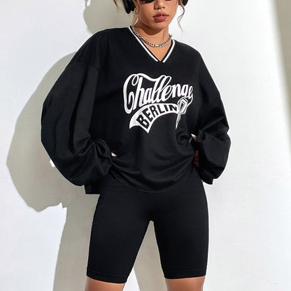 Damen Oversized Sweatshirt V-Ausschnitt Grafikprint Eveloria