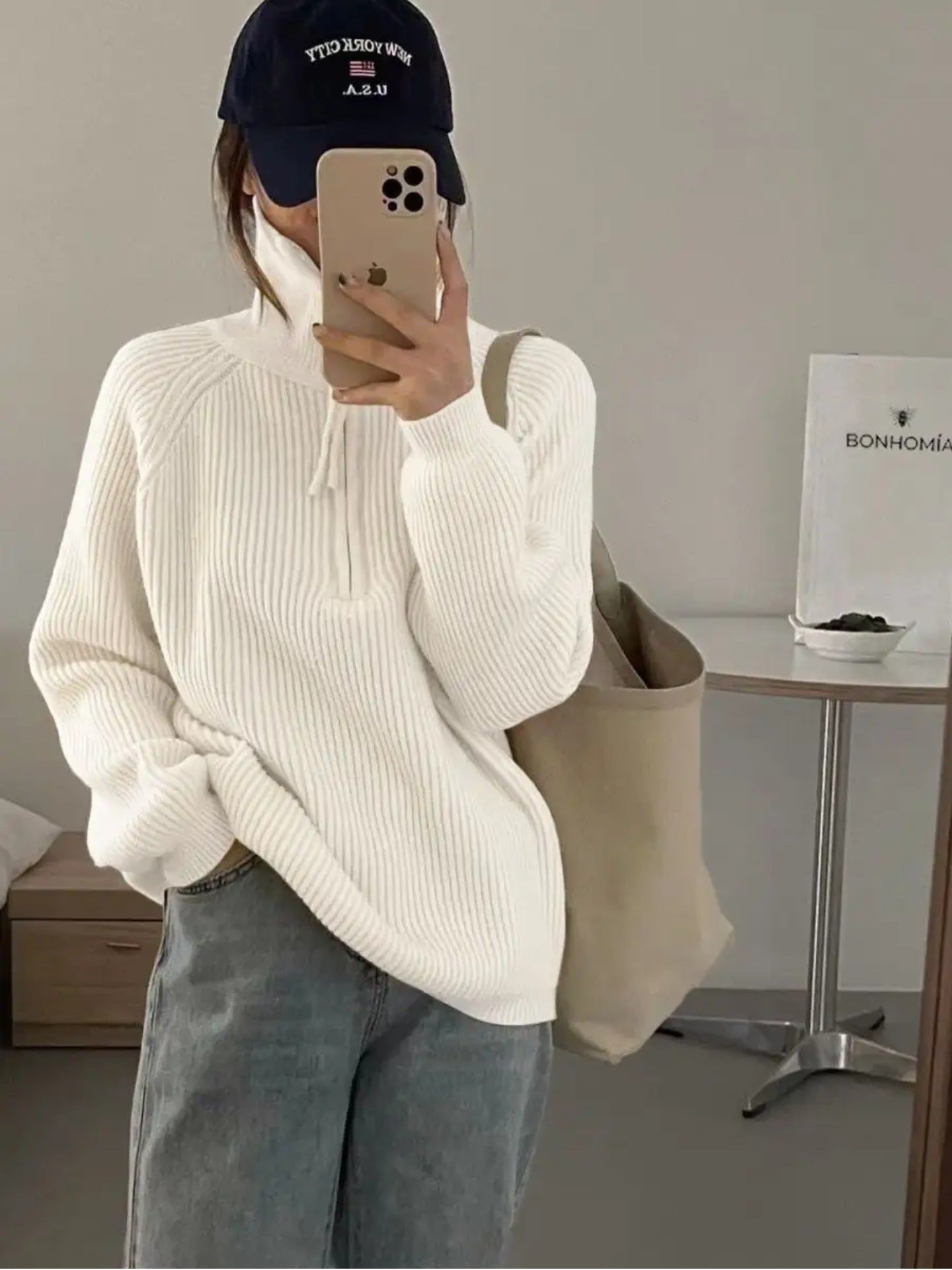Damen Grobstrickpullover Reißverschluss Hoher Kragen Eveloria