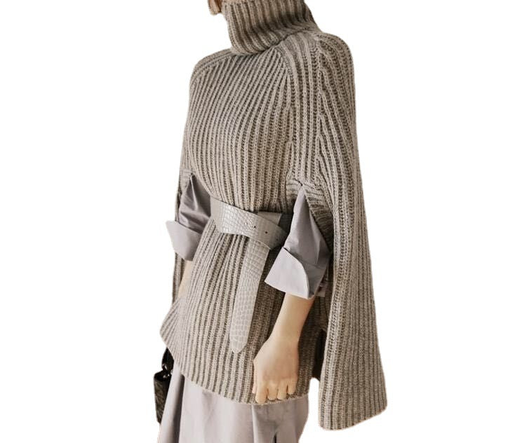 Damen Strickponcho Hochkragen Seitenschlitze Eveloria